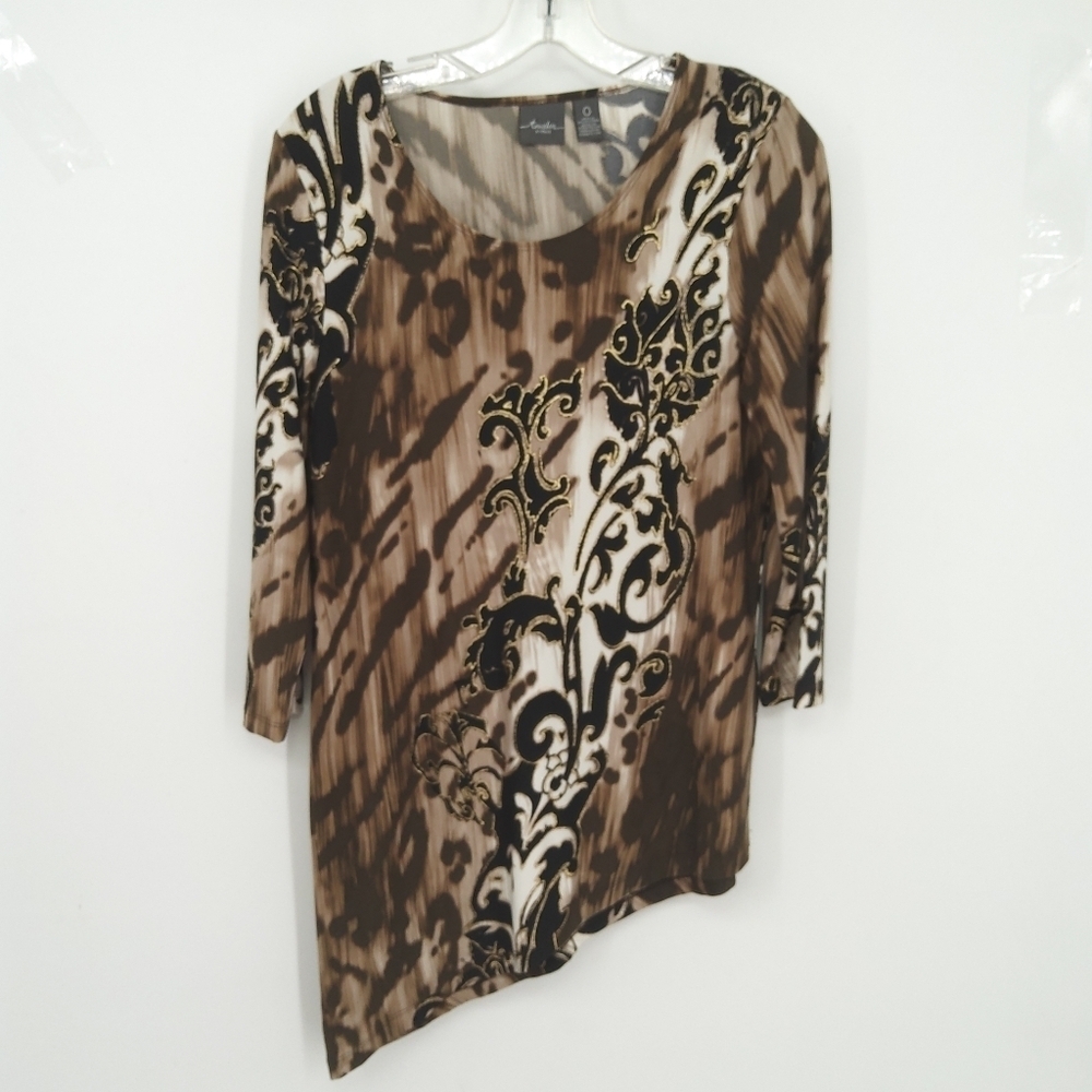 CHICOS 0 GOLD ACCENT ASYMMETRICAL PATTERNED TOP